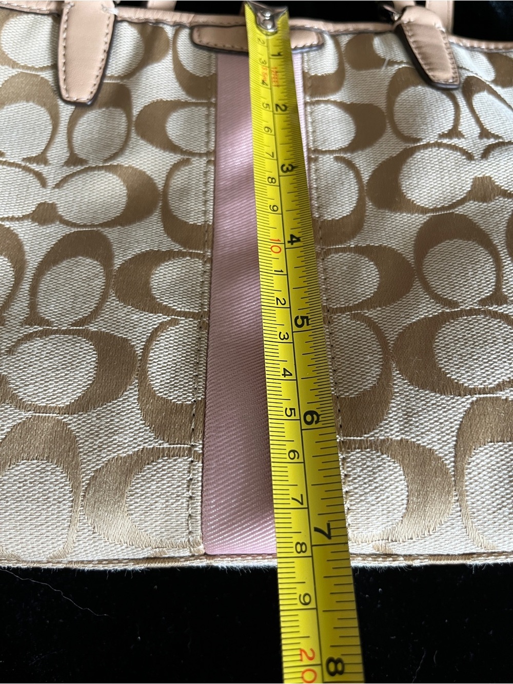Vintage SIGNATURE STRIPE TOP HANDLE TOTE COACH KHAKI/SHELL PINK w/Wristlet - Picture 11 of 12